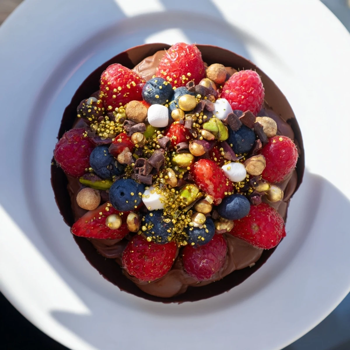 Elegant chocolate grazing cups topped with fresh berries, nuts, and golden decorations