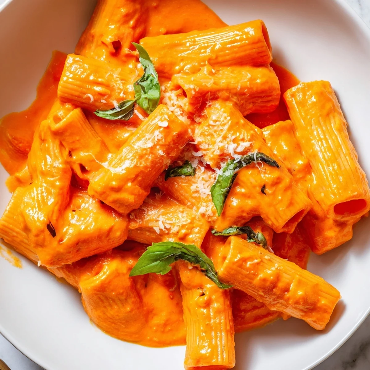 Creamy roasted red pepper pantry pasta topped with fresh basil and Parmesan