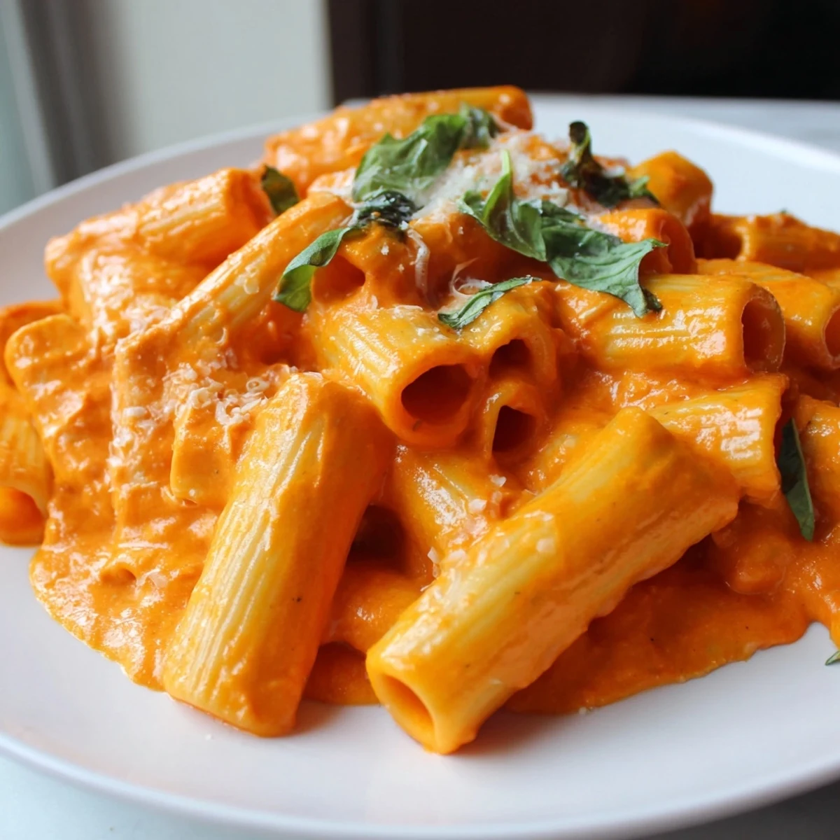 Twirls of roasted red pepper pantry pasta garnished with parsley on a rustic plate