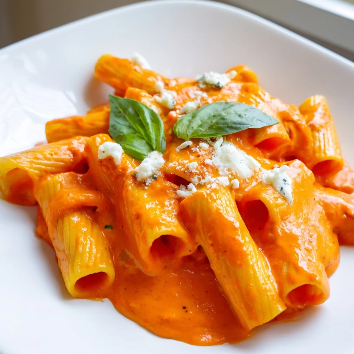 Steaming bowl of roasted red pepper pantry pasta coated in silky orange-red sauce