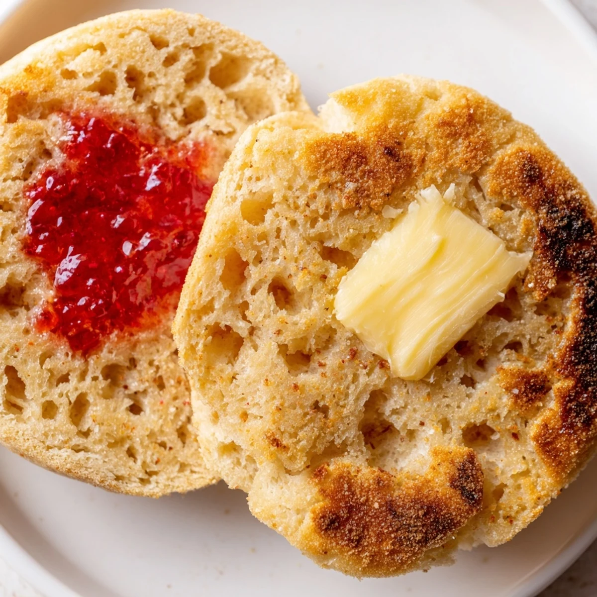 Warm homemade English muffins stacked on a cutting board beside jam and honey