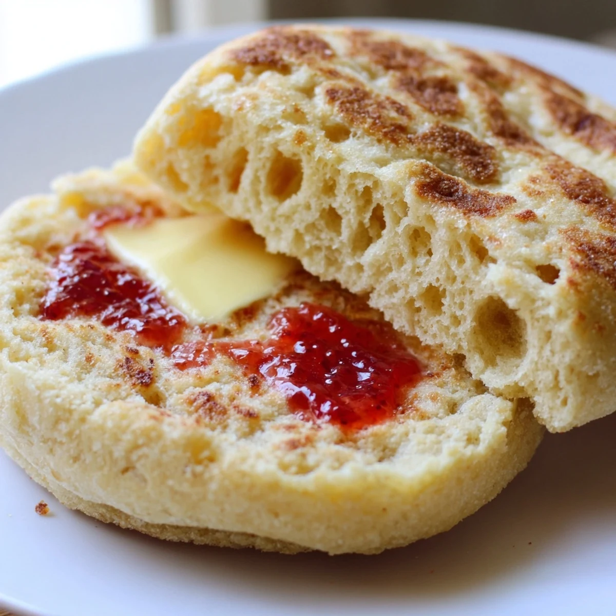 Homemade English muffins split open revealing nooks and crannies topped with melting butter