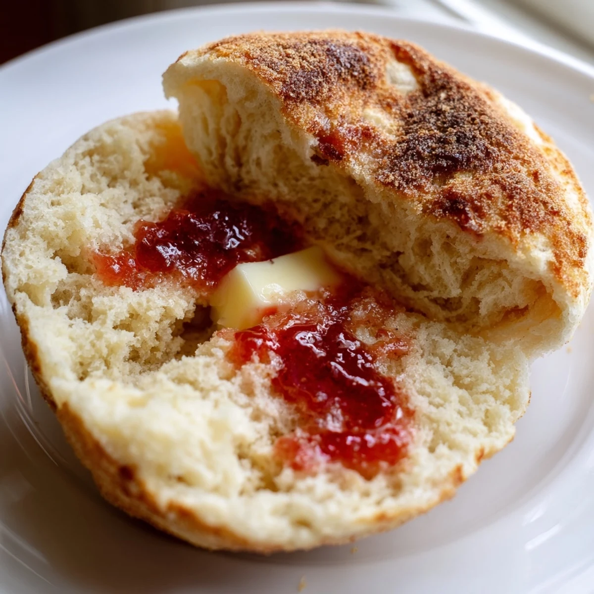 Golden homemade English muffins fresh off the griddle, dusted with cornmeal and ready to split