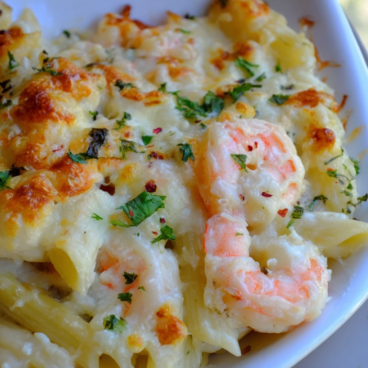 Golden bubbling shrimp scampi pasta bake topped with melted mozzarella and fresh parsley