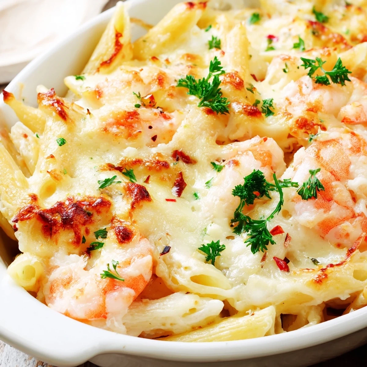 Creamy shrimp scampi pasta bake with a crispy parmesan crust straight from the oven