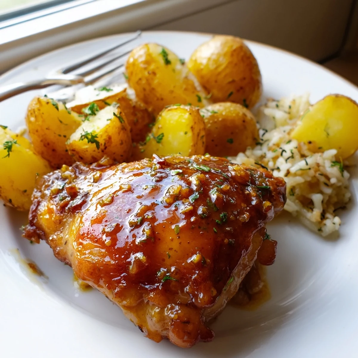 Savory glazed chicken with glistening sauce served alongside fluffy herb rice and crispy roasted potatoes