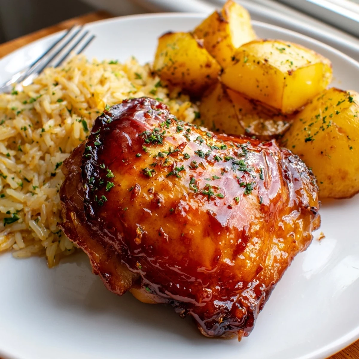 Golden brown glazed chicken thighs on a plate with fragrant green herb rice and potatoes