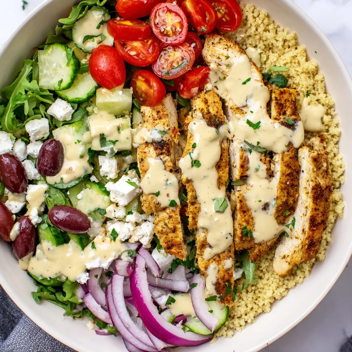 Golden Mediterranean chicken couscous bowl topped with fresh vegetables and creamy tahini drizzle