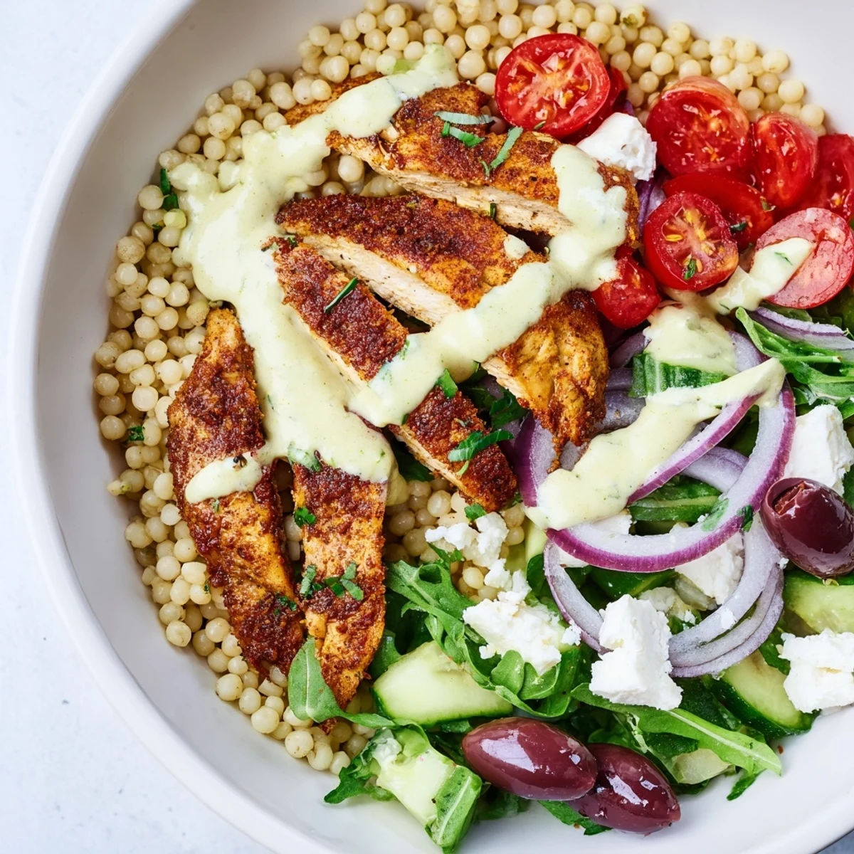 Fluffy couscous paired with spiced chicken, crisp cucumbers, tomatoes, and zesty lemon sauce