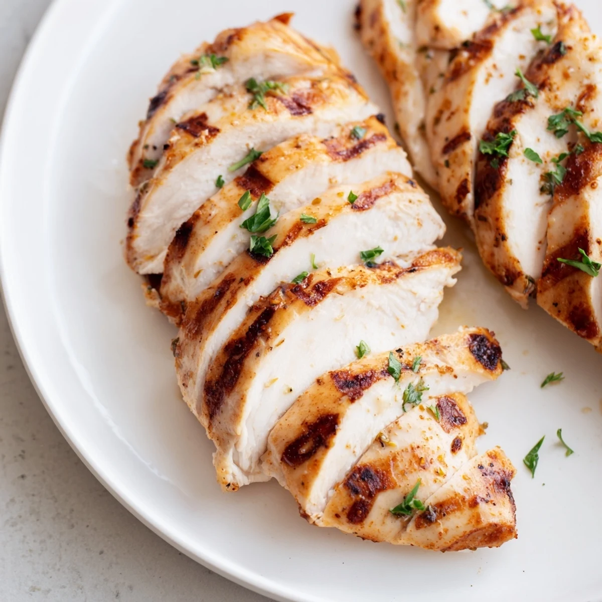 Tender Greek yogurt marinated chicken garnished with fresh parsley and lemon wedges
