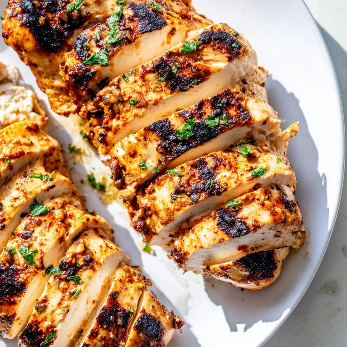 Golden Greek yogurt marinated chicken sliced on a rustic wooden cutting board