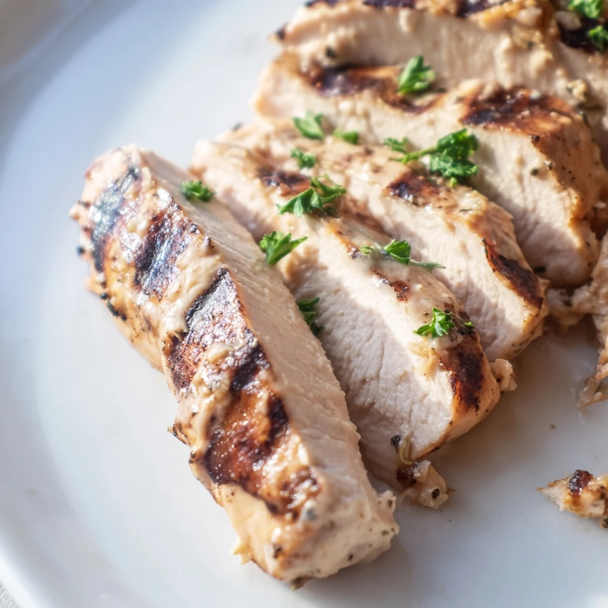 Creamy herb-coated Greek yogurt marinated chicken grilling over glowing charcoal flames