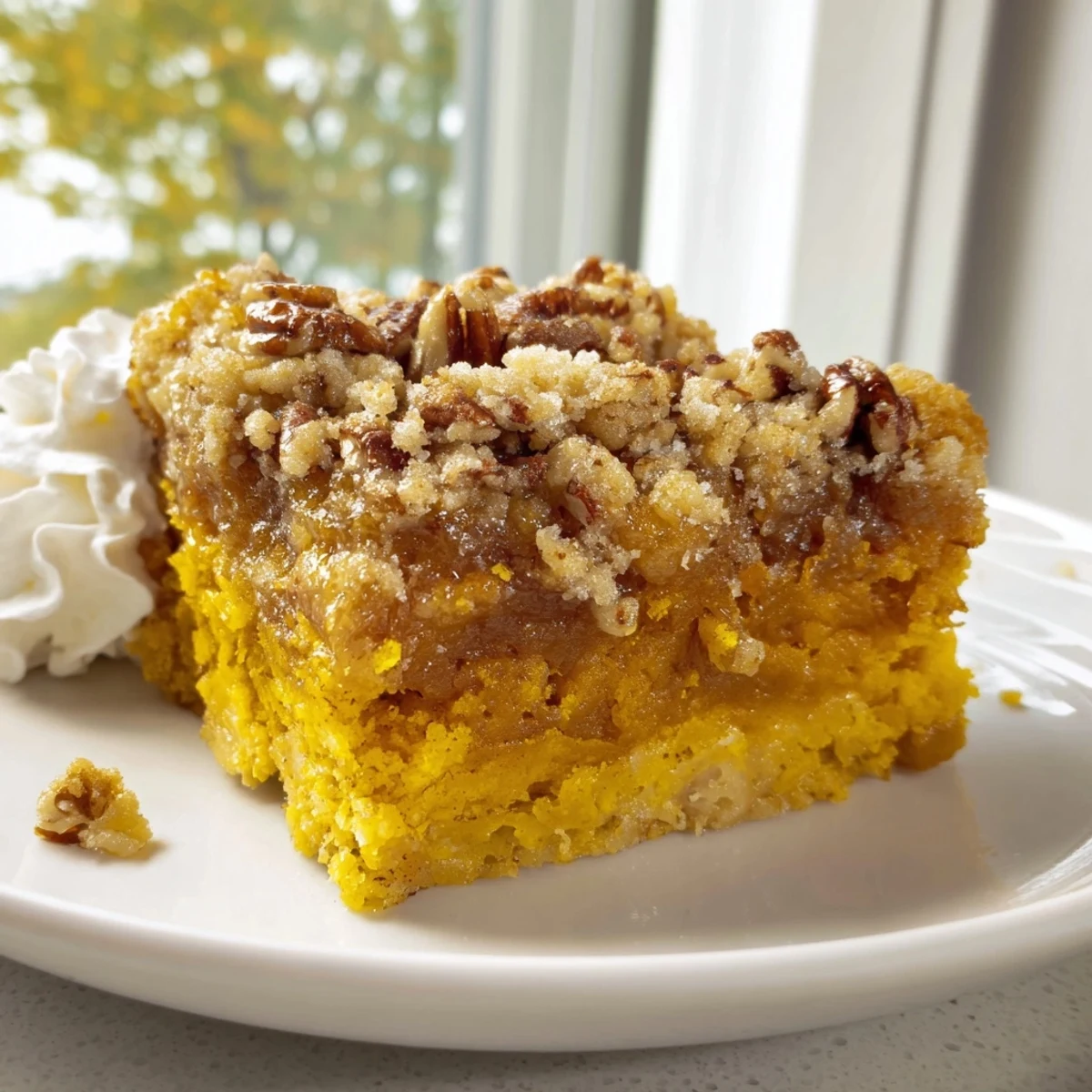 Golden pumpkin dump cake with buttery pecan topping served warm in a baking dish