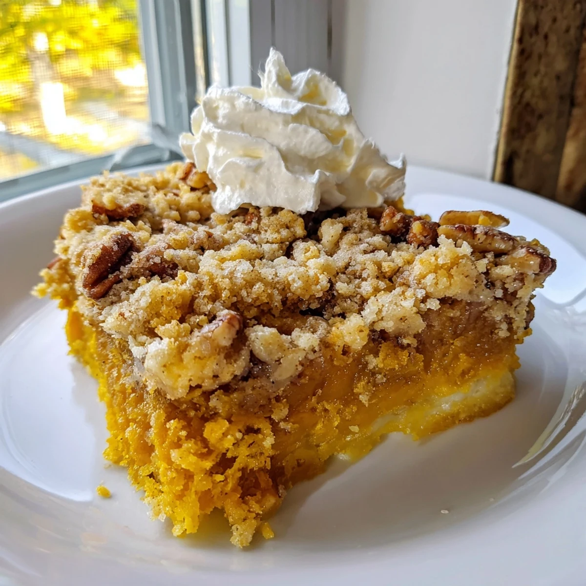 Crusty golden brown pumpkin dump cake scooped into a bowl with vanilla ice cream