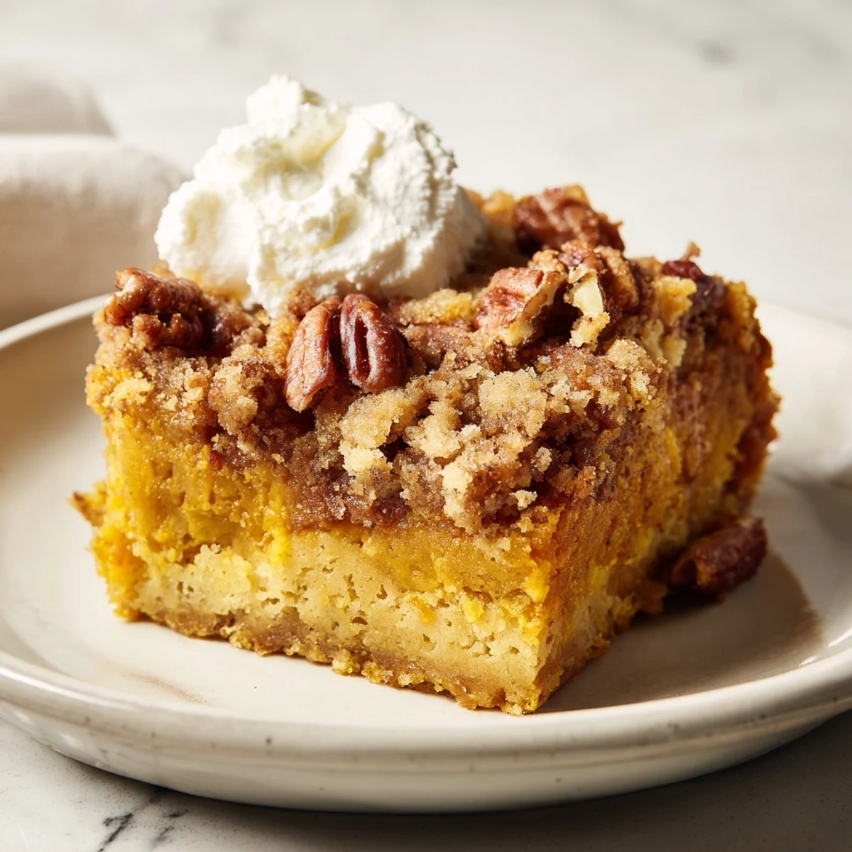 Creamy spiced pumpkin dump cake slice topped with whipped cream on a rustic plate