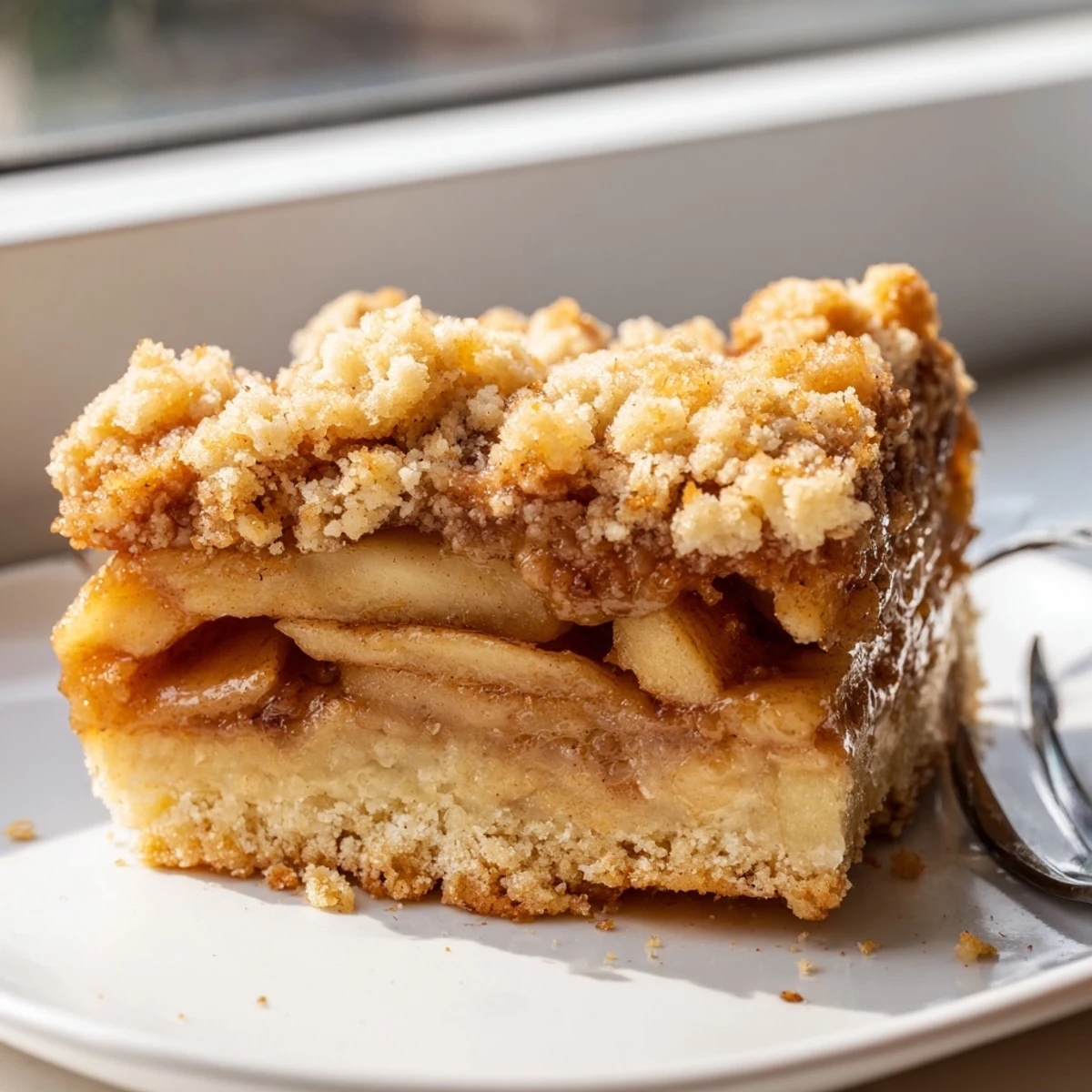 Golden caramel apple crumb bars with buttery streusel topping on a rustic baking sheet