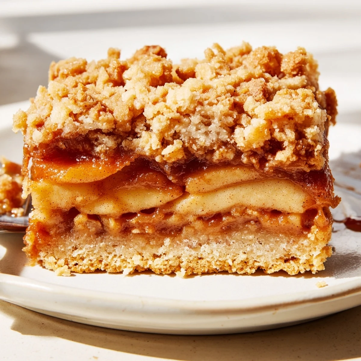 Warm caramel apple crumb bars cut into squares drizzled with extra caramel sauce