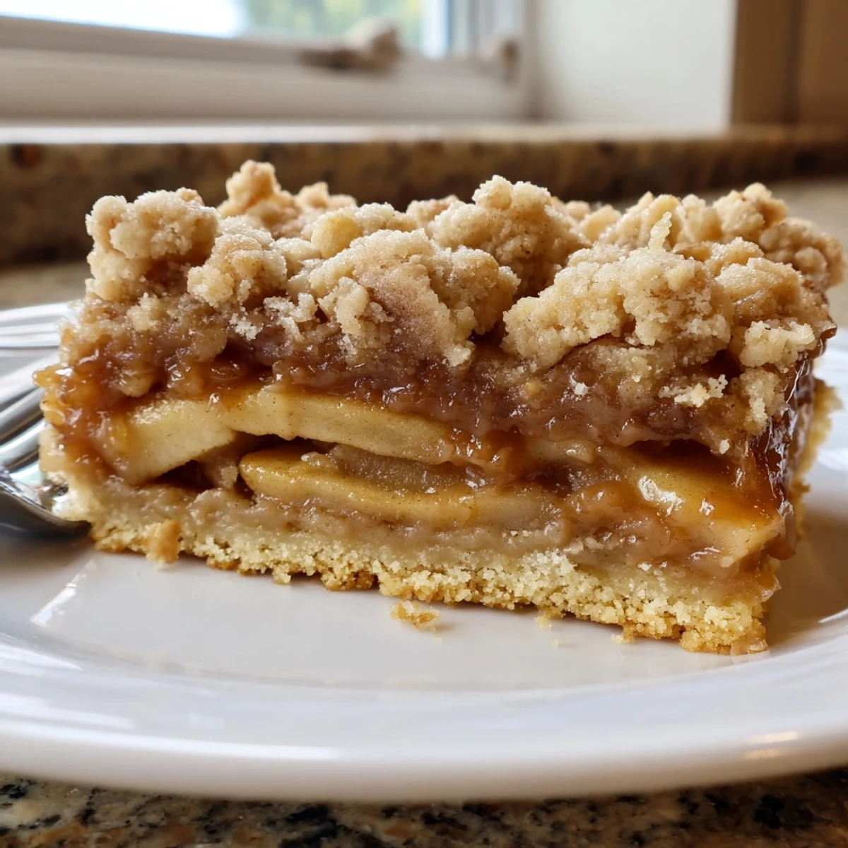 Chewy caramel apple crumb bars layered with cinnamon-spiced apples on a shortbread crust