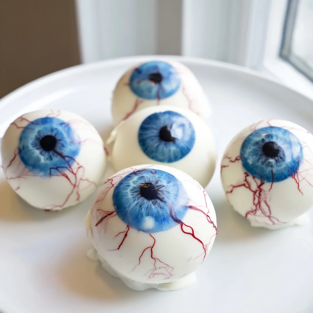 Halloween Cake Eyeballs with red veins and blue irises on a dark platter