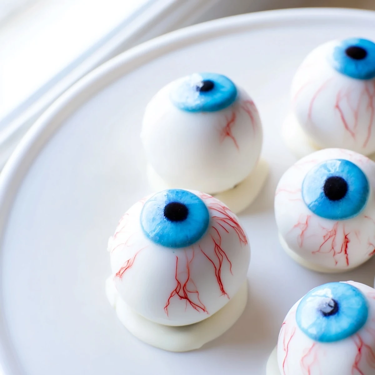 Creepy Halloween Cake Eyeballs coated in white chocolate with spooky veining details