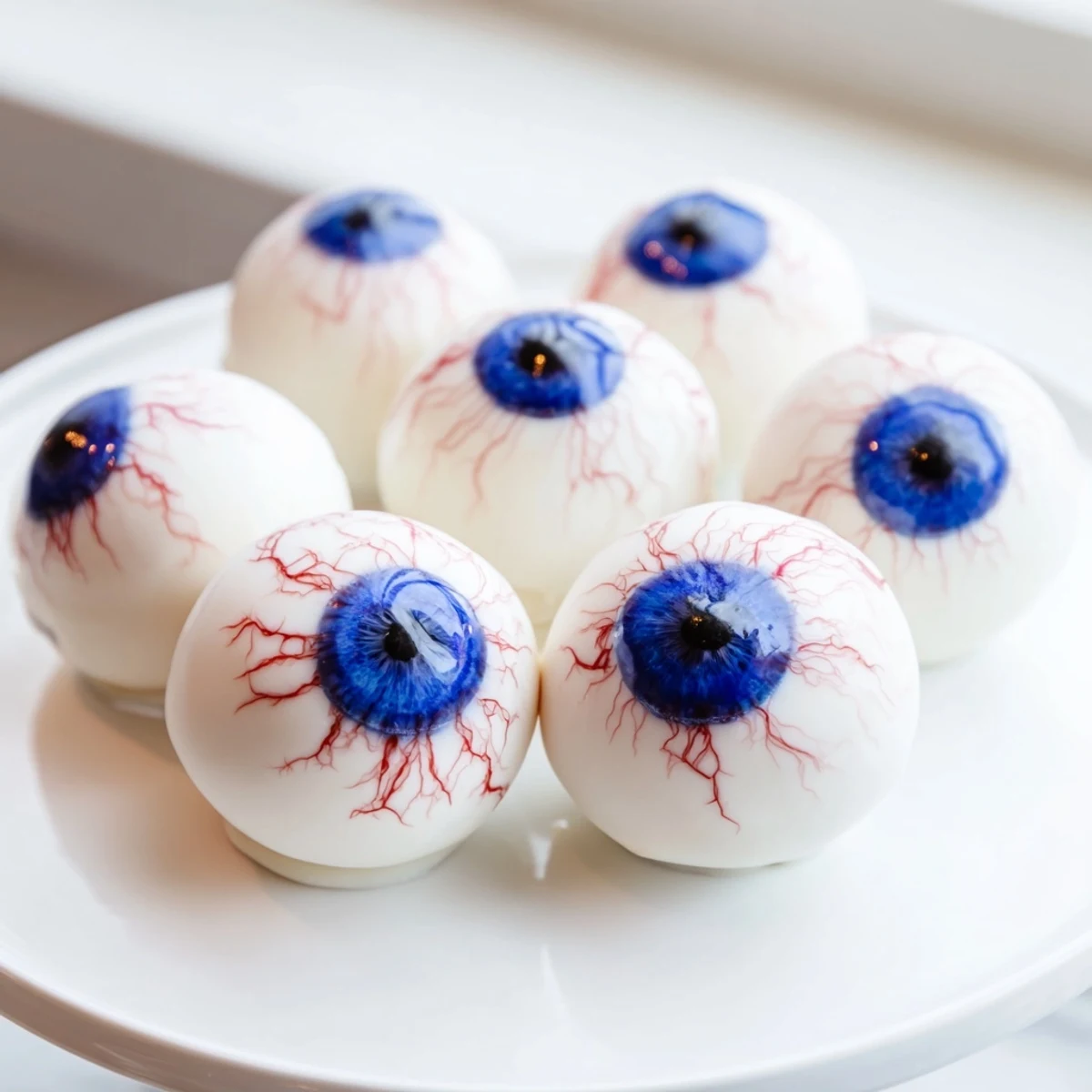 Halloween Cake Eyeballs arranged on a haunted dessert table for a party