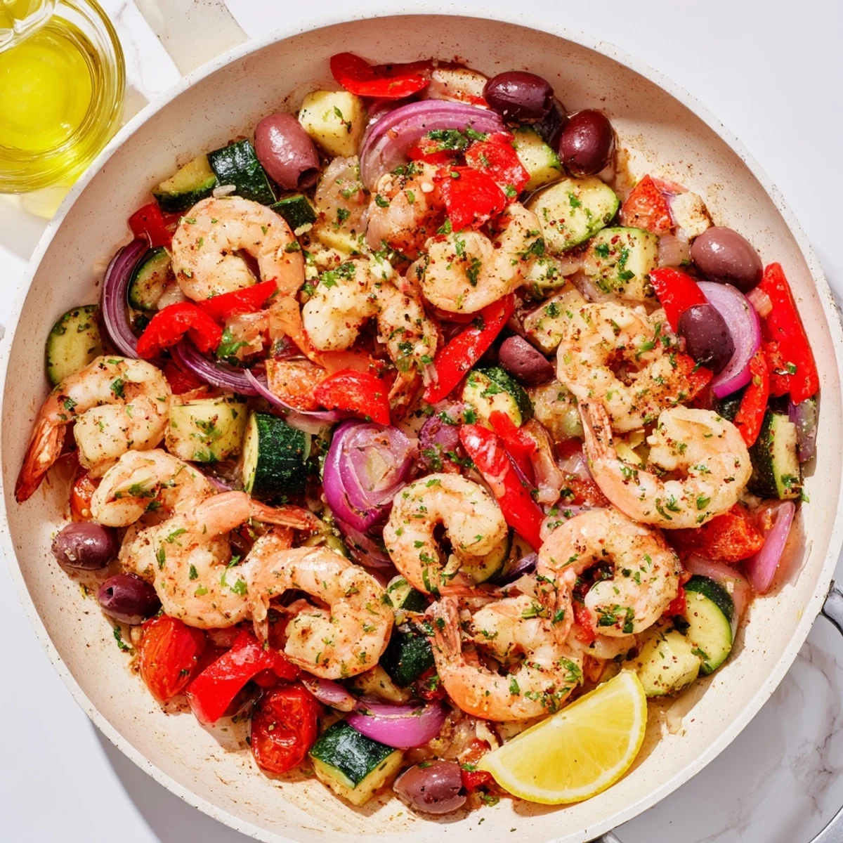 Sizzling Mediterranean shrimp skillet with juicy pink shrimp nestled among cherry tomatoes and olives
