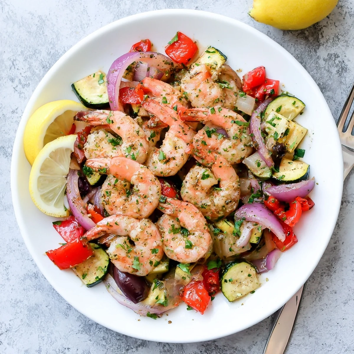 Steaming Mediterranean shrimp skillet loaded with tender shrimp, zucchini, and Kalamata olives in rich tomato sauce