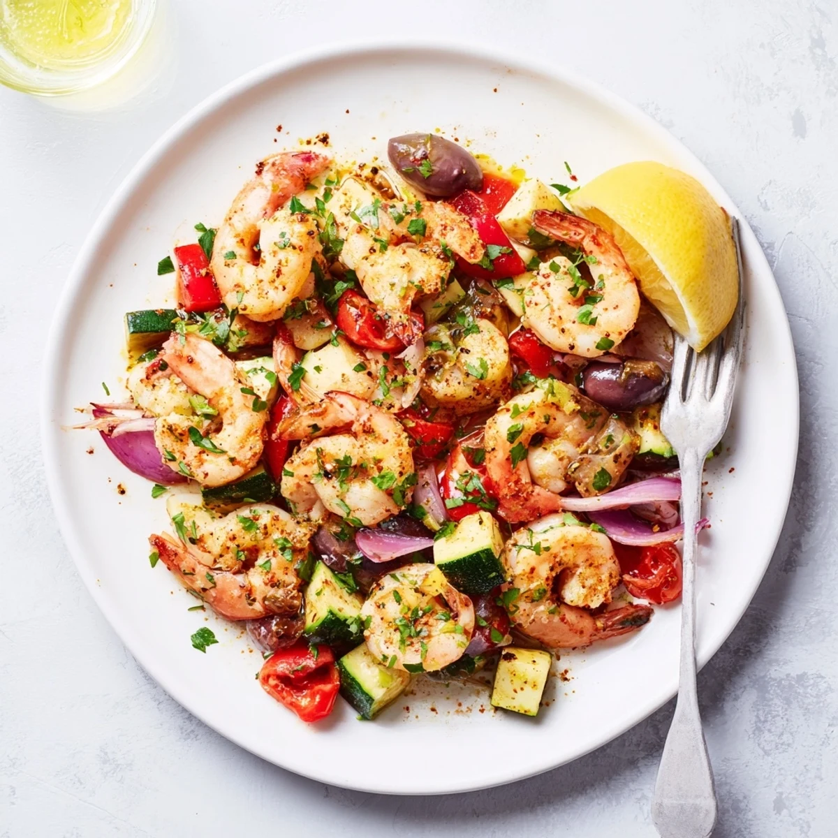 Golden pan-seared Mediterranean shrimp skillet garnished with fresh parsley and bright lemon wedges
