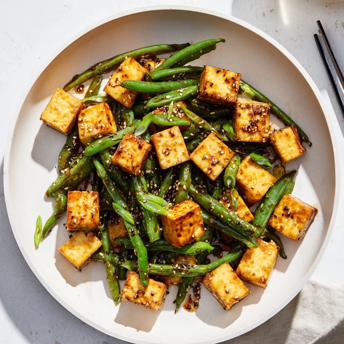 Golden crispy black pepper tofu stir-fried with tender green beans in a glossy peppery sauce