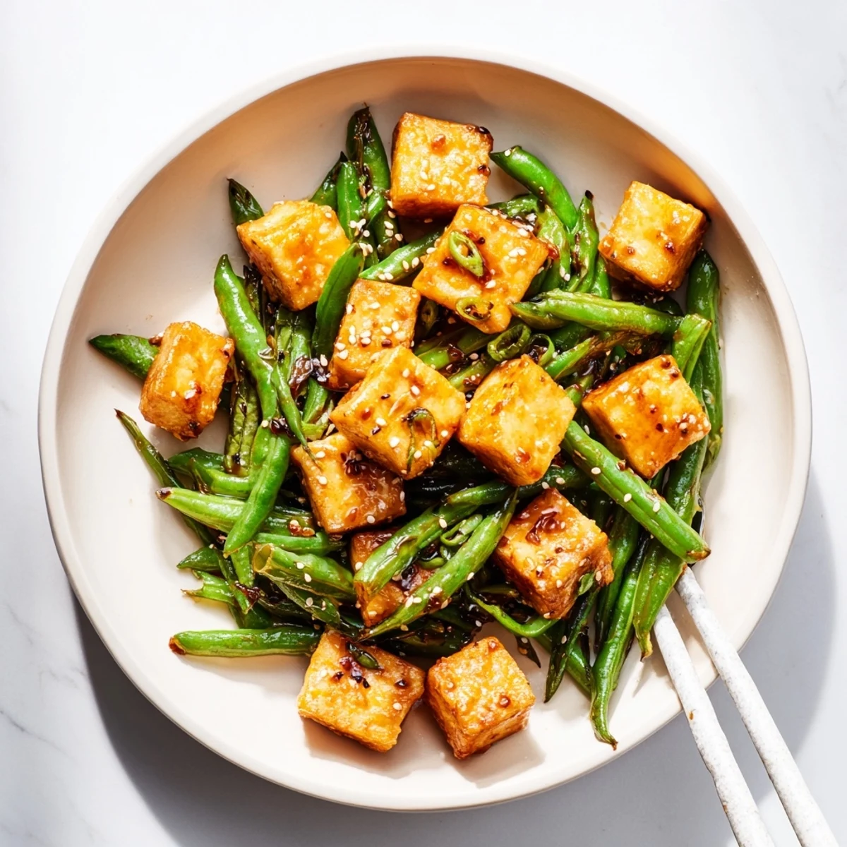 Crispy black pepper tofu and green beans plated hot with sesame seeds and scallions