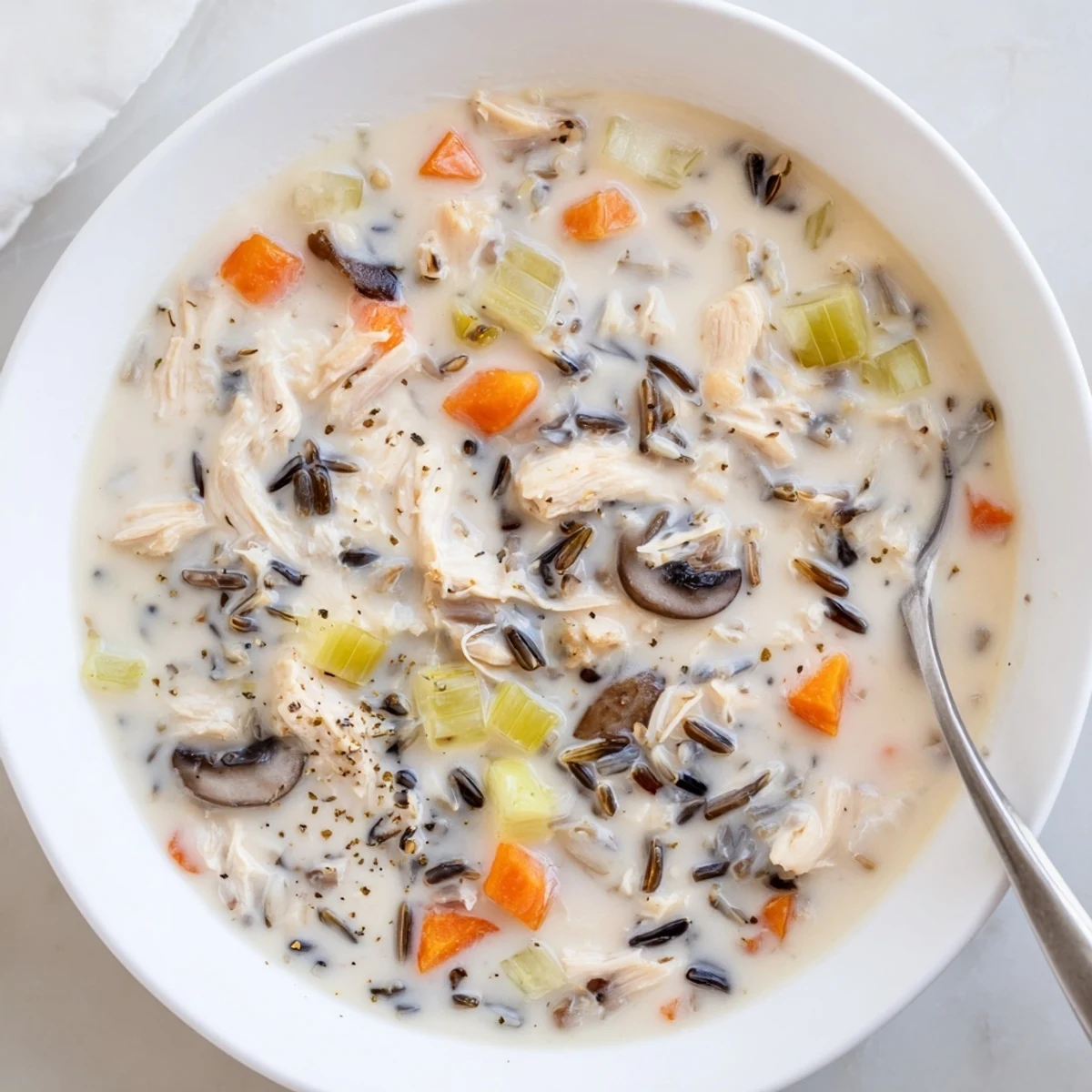 Steaming bowl of creamy slow cooker chicken mushroom wild rice soup with shredded chicken