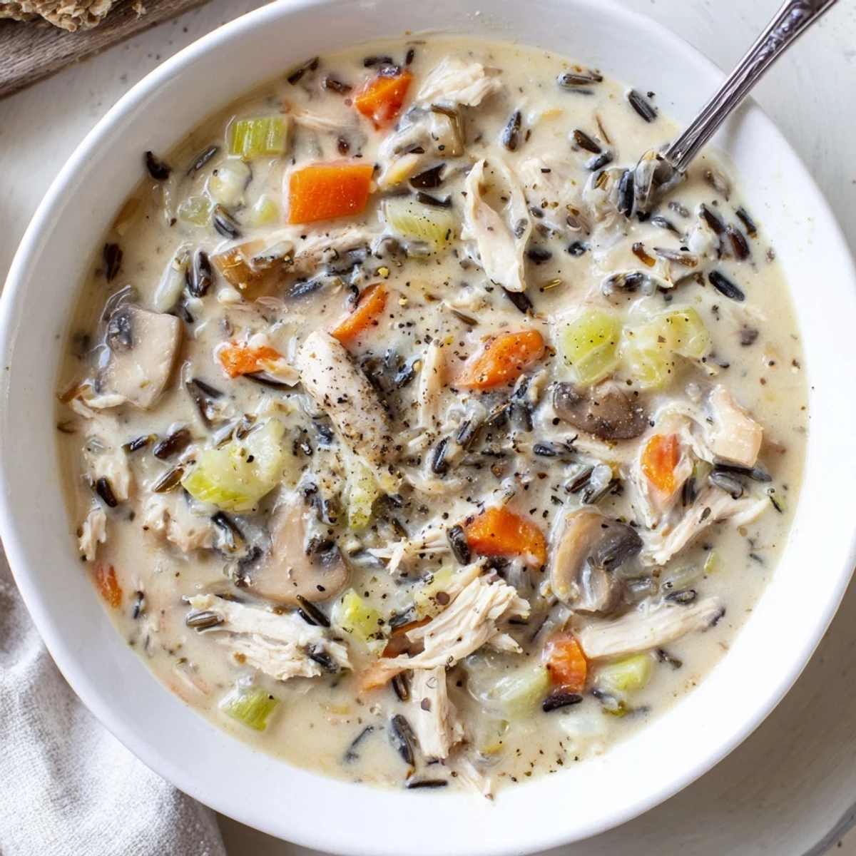 Hearty creamy slow cooker chicken mushroom wild rice soup ladled into a rustic bowl