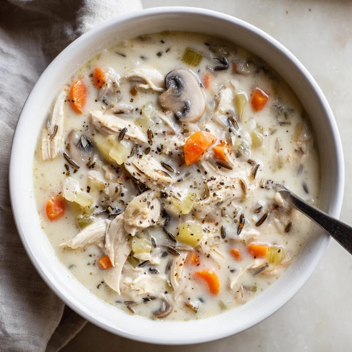 Golden creamy slow cooker chicken mushroom wild rice soup garnished with fresh thyme