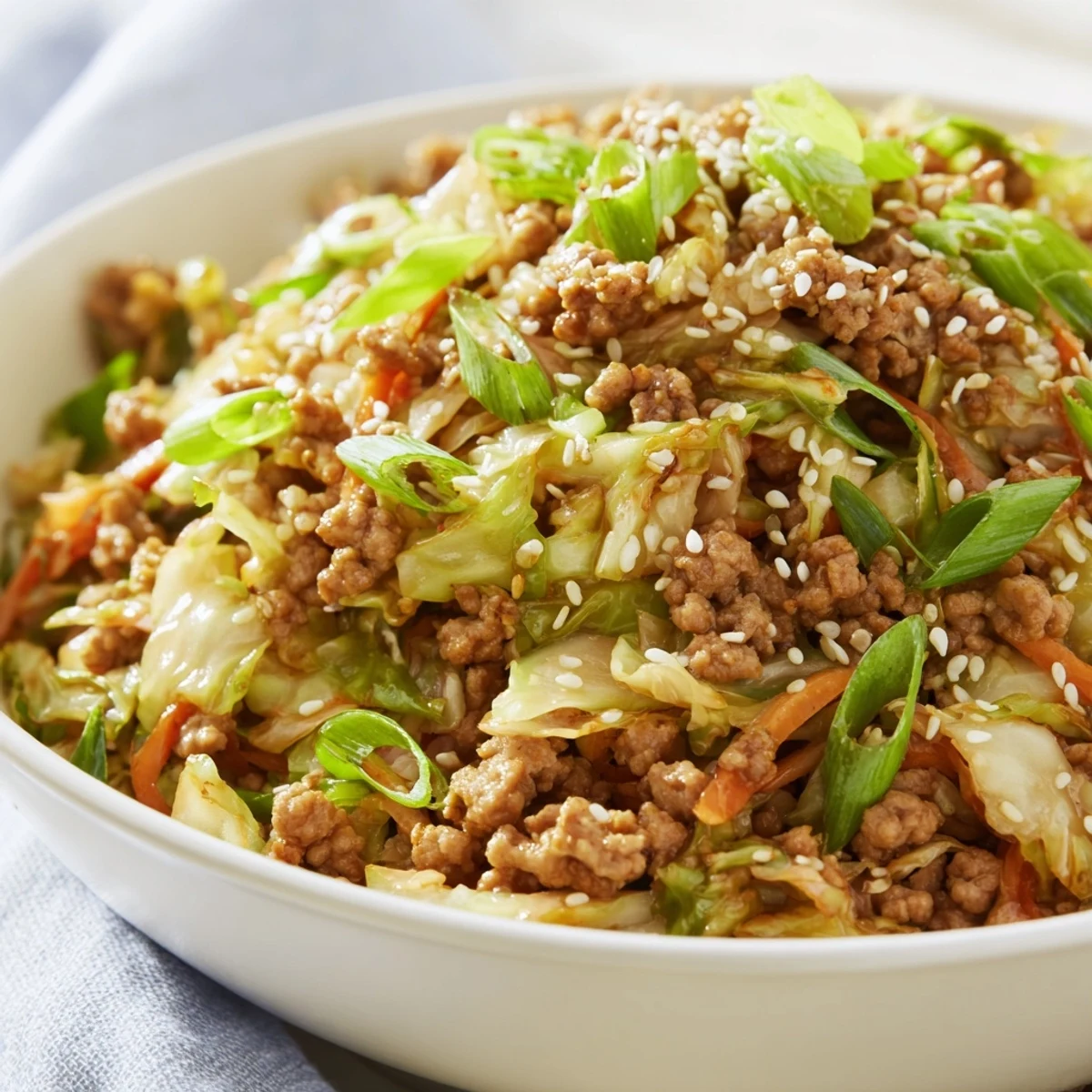 Savory keto egg roll in a bowl served hot with shredded carrots and green onions