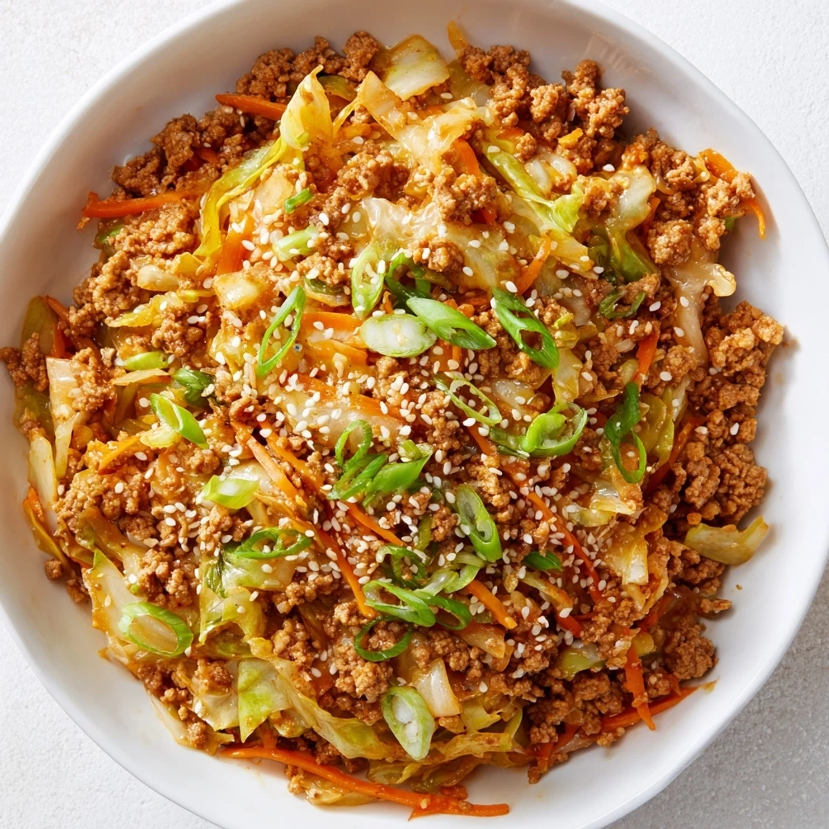 Keto egg roll in a bowl with browned pork, tender cabbage, and sesame seeds
