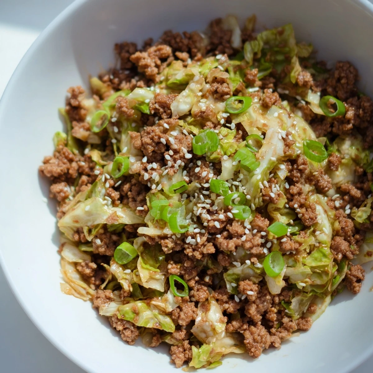 A steaming keto egg roll in a bowl garnished with sesame seeds in a white dish