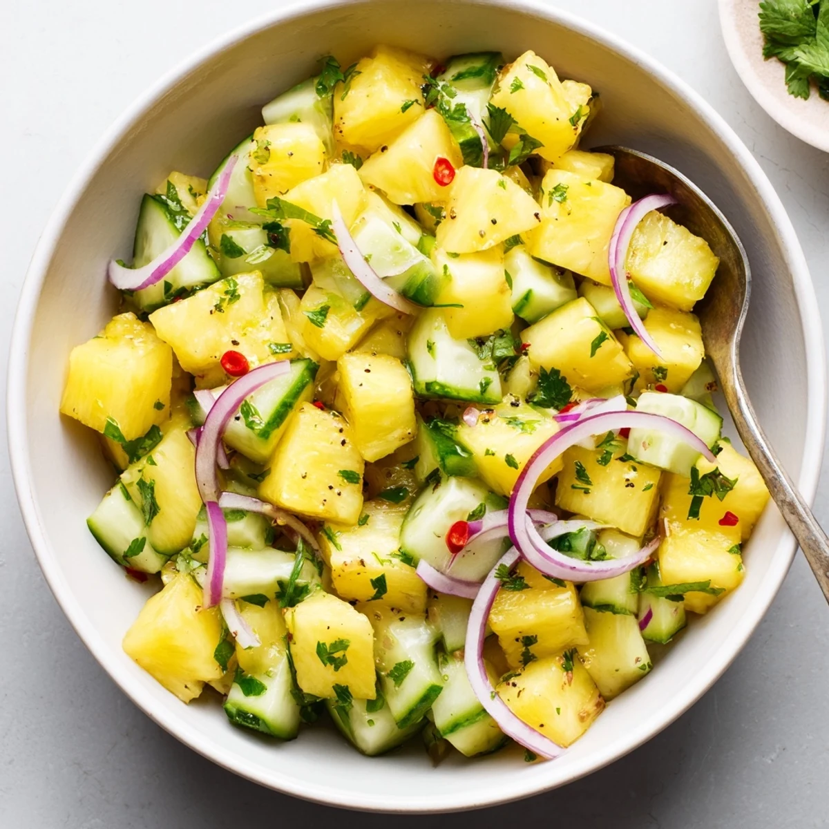 Pineapple Cucumber Salad glistening with lime dressing, cilantro, and crisp bites.