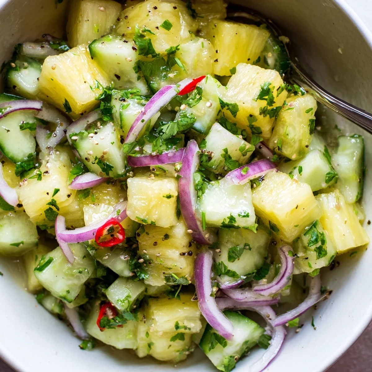 Bright Pineapple Cucumber Salad served as refreshing summer side for grilled meats.