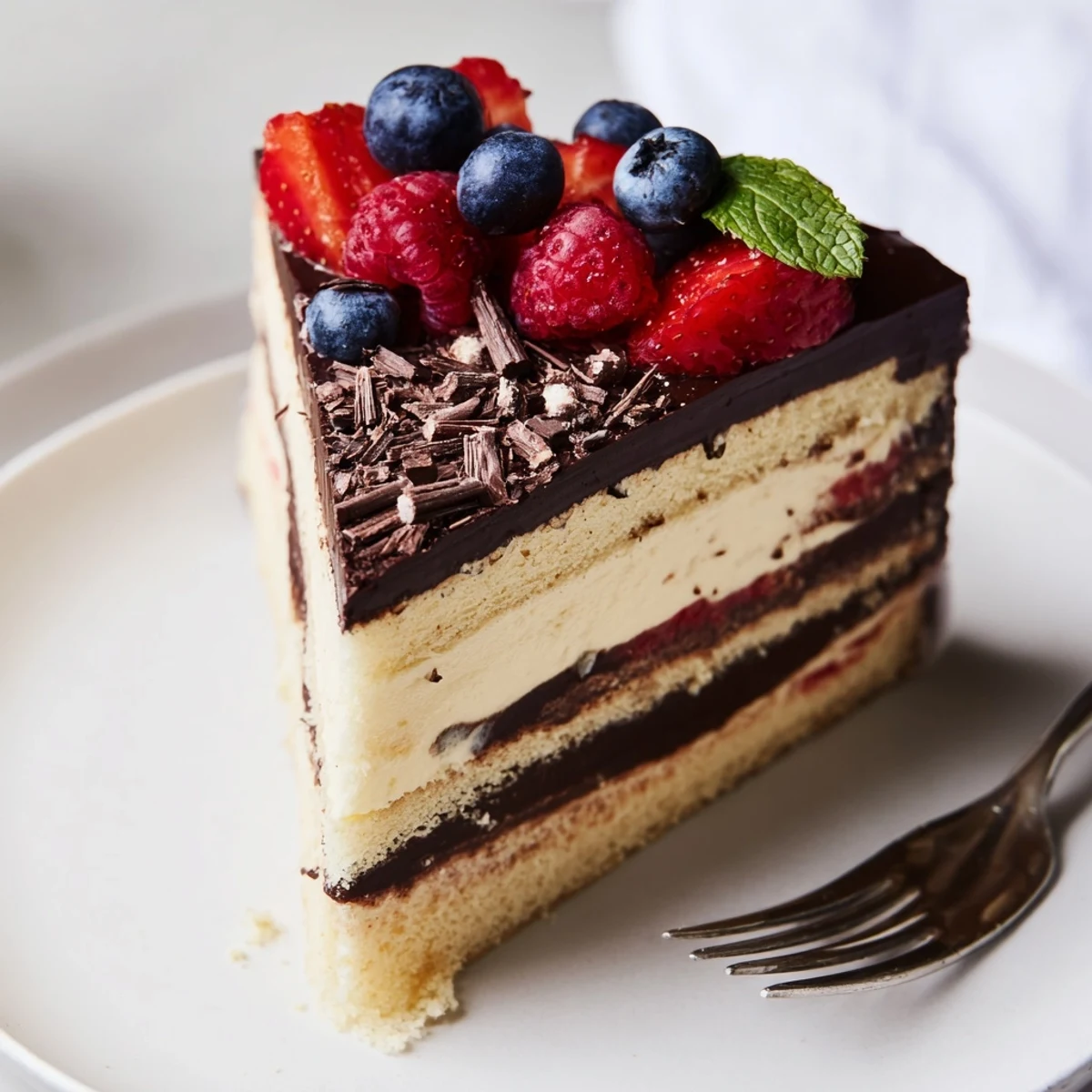 Slice of The Ultimate Dessert Recipe on plate, glossy ganache, berry garnish