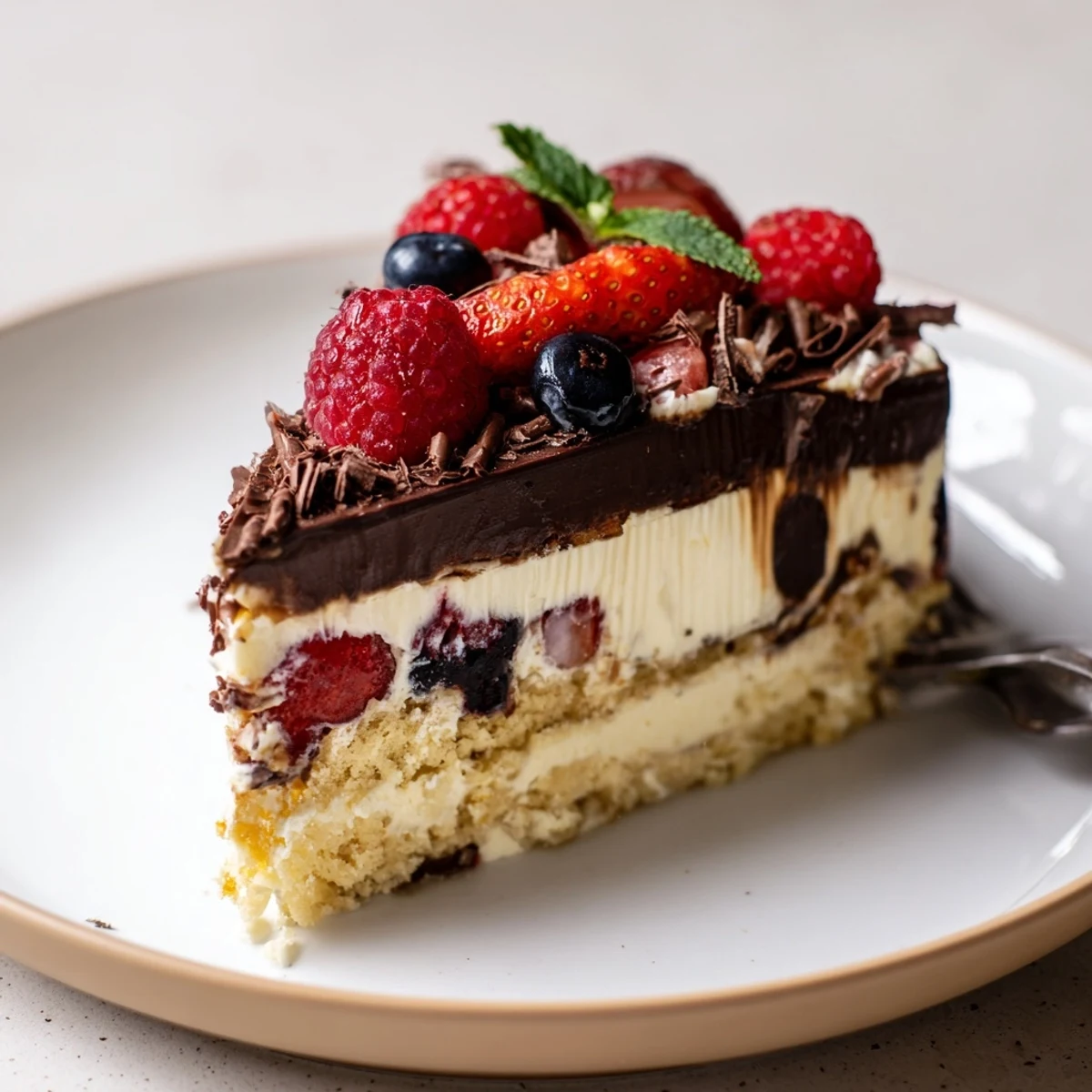 Hand holding fork beside The Ultimate Dessert Recipe, creamy mascarpone, crunchy biscuit base