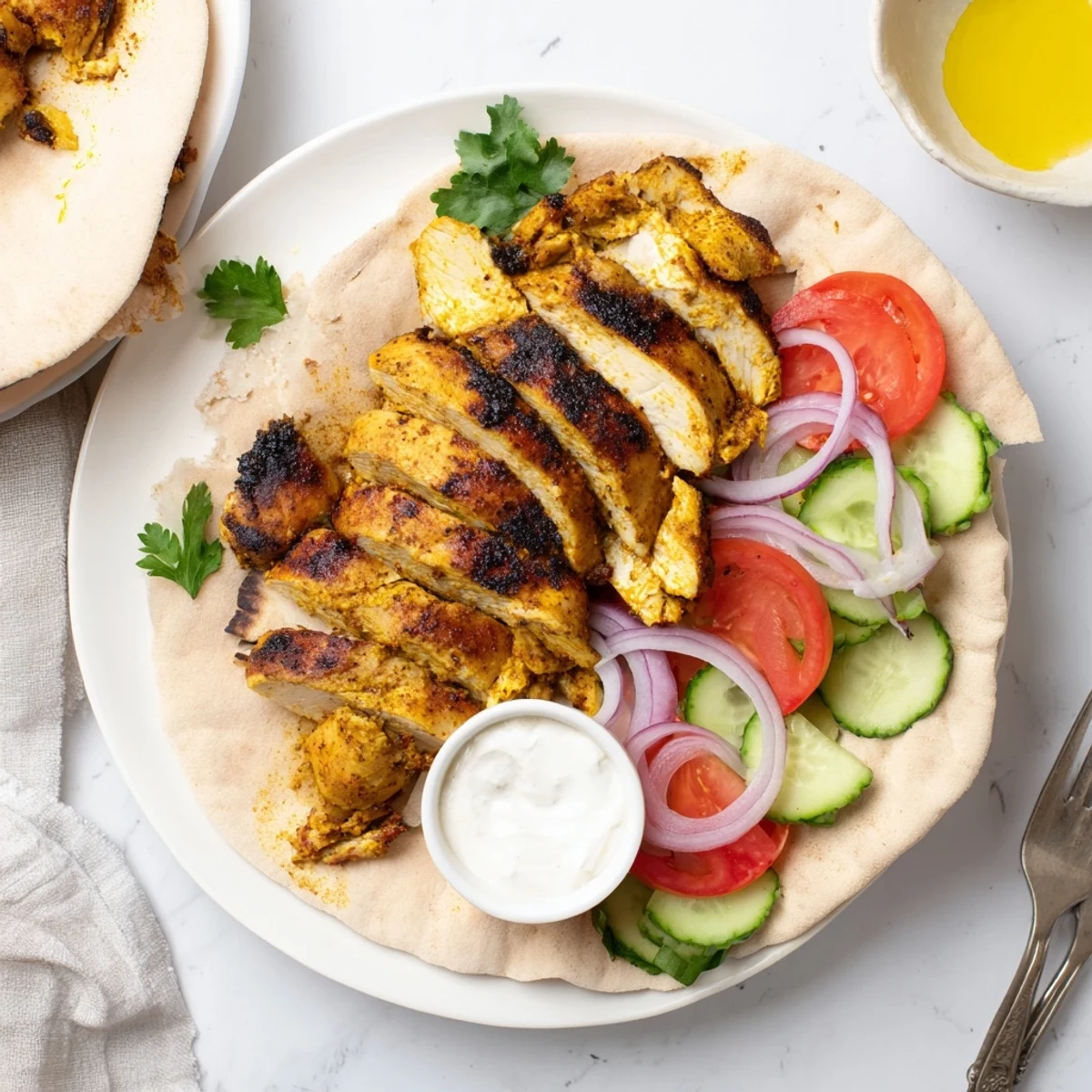Shawarma Chicken With Garlic Sauce piled in warm pita, charred, fragrant