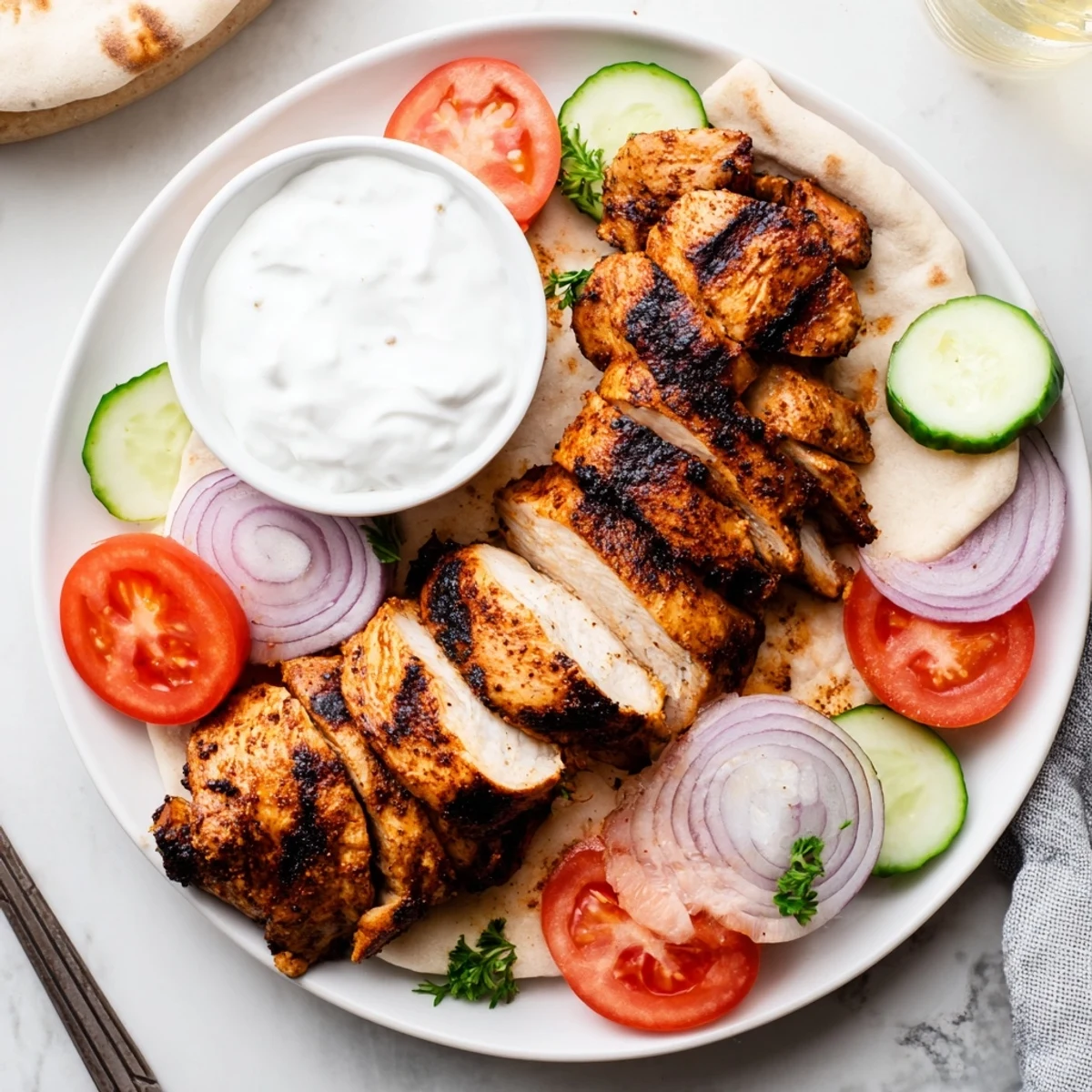 Slices of Shawarma Chicken With Garlic Sauce resting on grilled flatbread, creamy