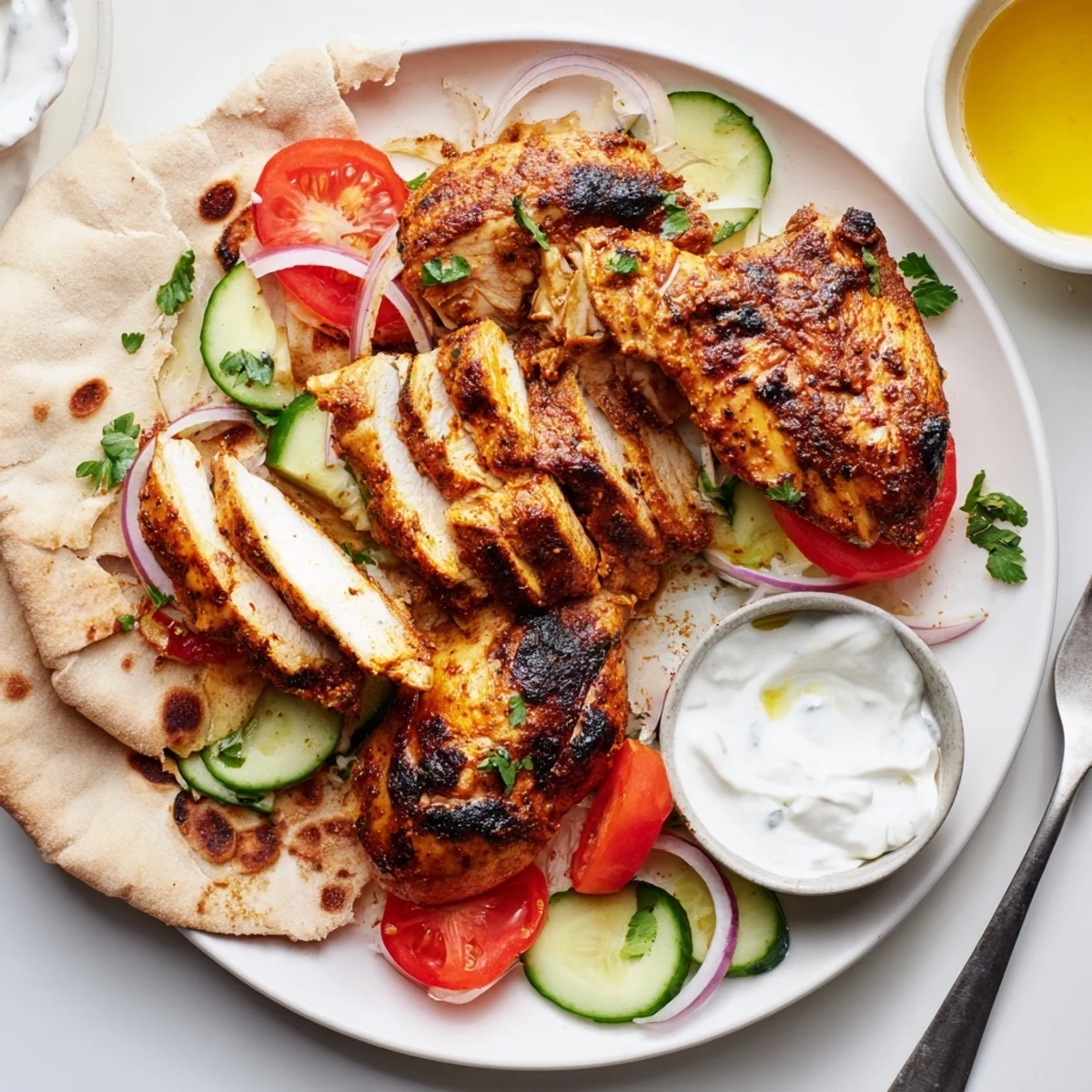 Golden Shawarma Chicken With Garlic Sauce nestled beside crisp cucumber, lemony parsley