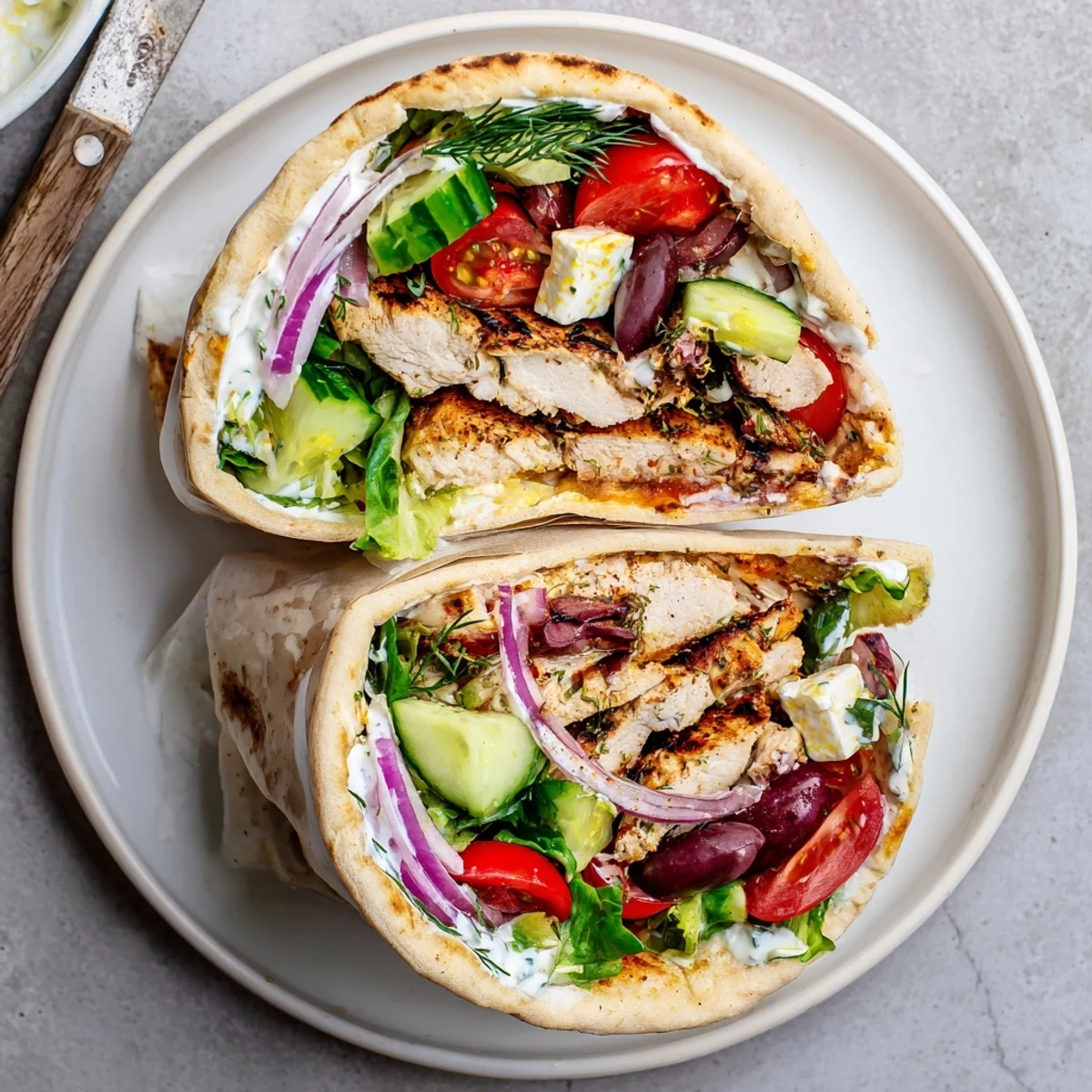 Mediterranean Chicken Pita Wraps with charred chicken, crisp cucumber, tangy yogurt drizzle