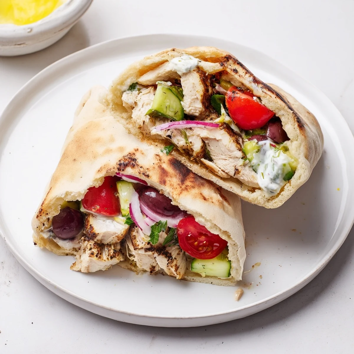 Warm Mediterranean Chicken Pita Wraps stuffed with feta, olives, tomatoes, and greens