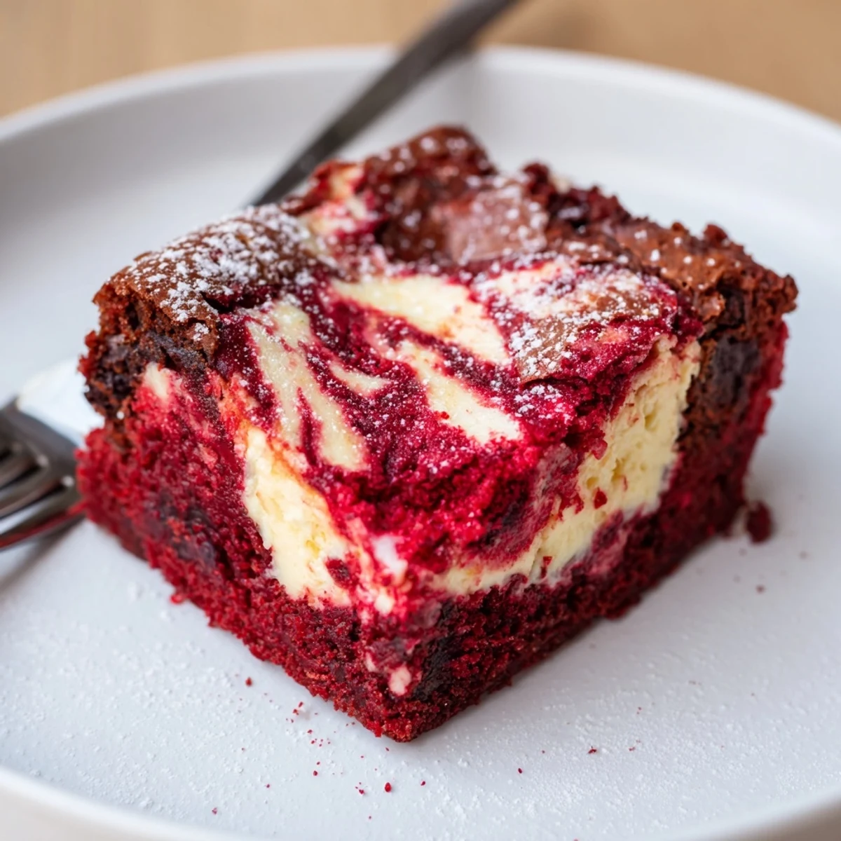 Red Velvet Brownies With Cheesecake Layer cooling on pan, marbled creamy top