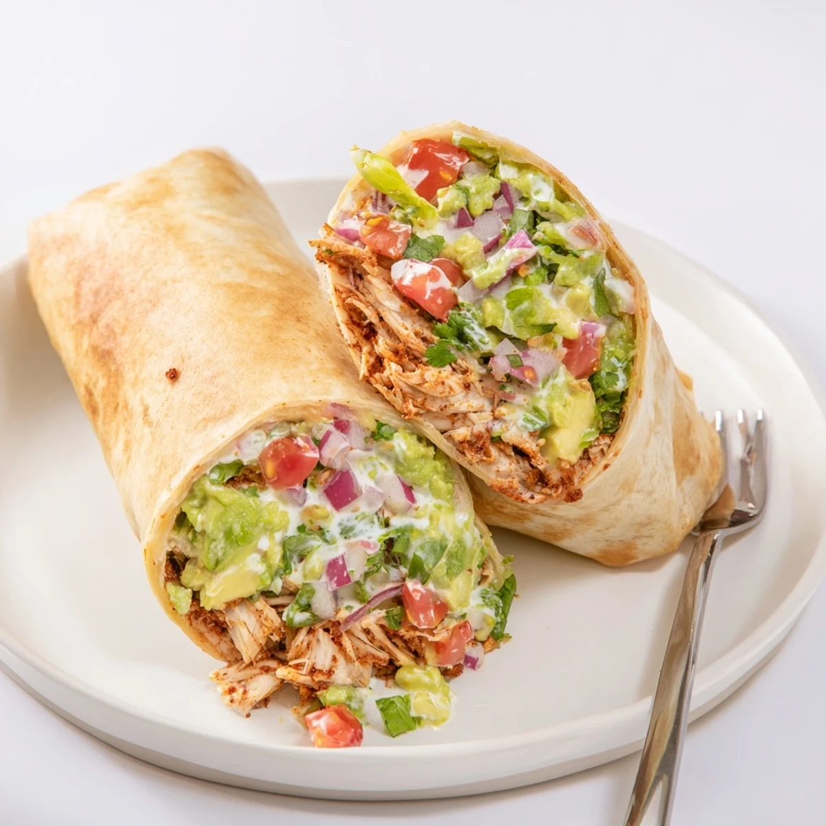 Chicken Avocado Ranch Burritos served halved with fresh cilantro, lime wedge, crunchy lettuce