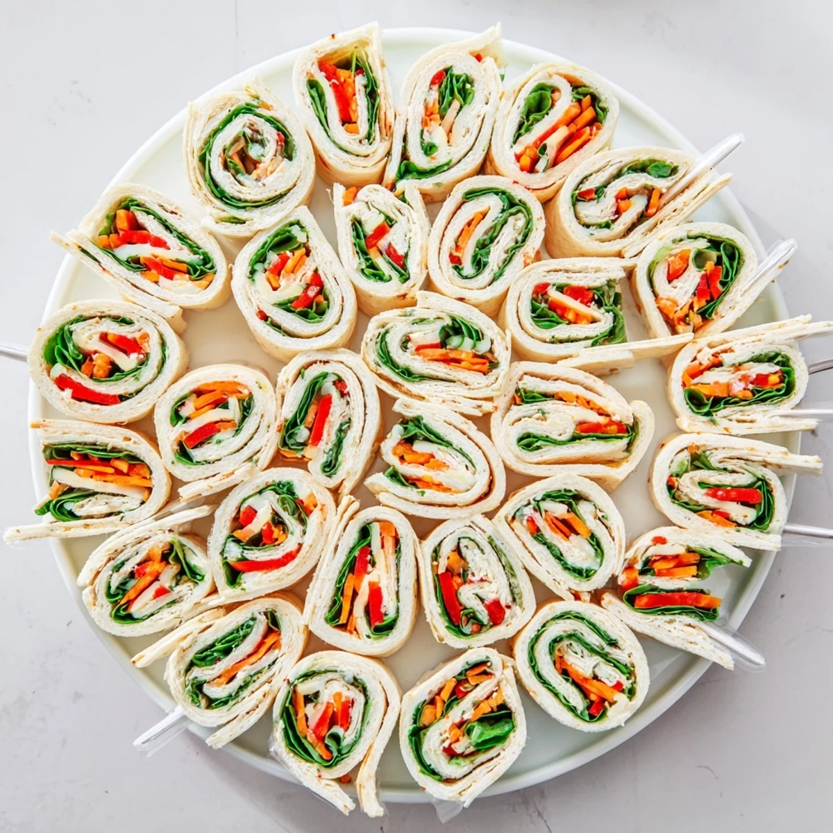 Pinwheel Sandwiches with colorful spinach, carrot, and creamy cheese spirals on platter