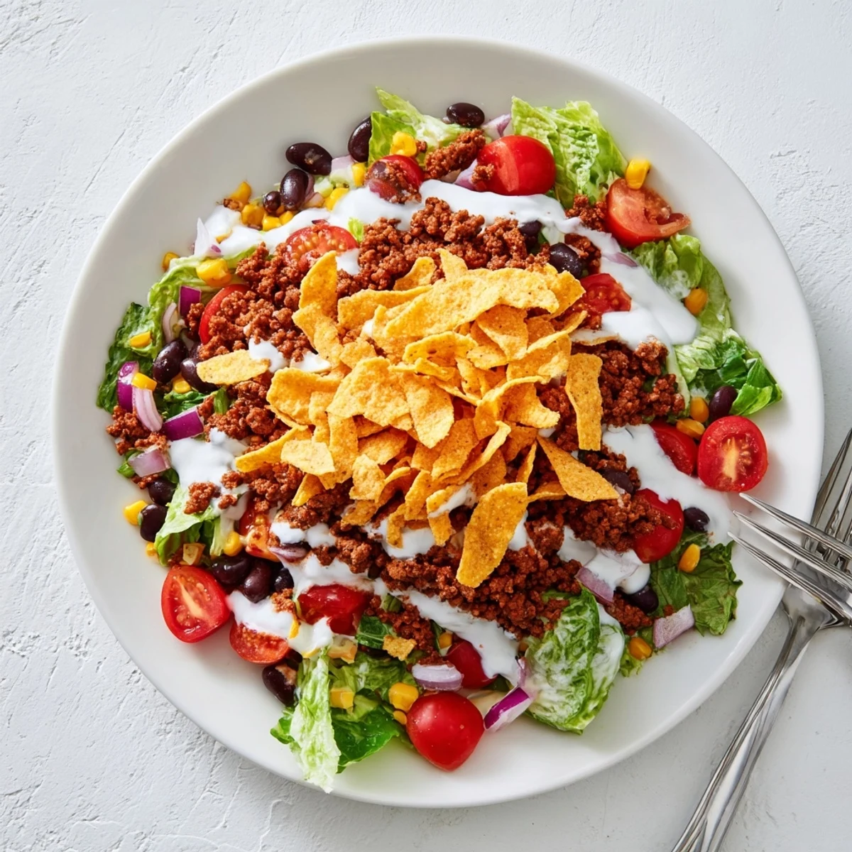 Simple Doritos Taco Salad with warm seasoned beef, crisp lettuce, and chips