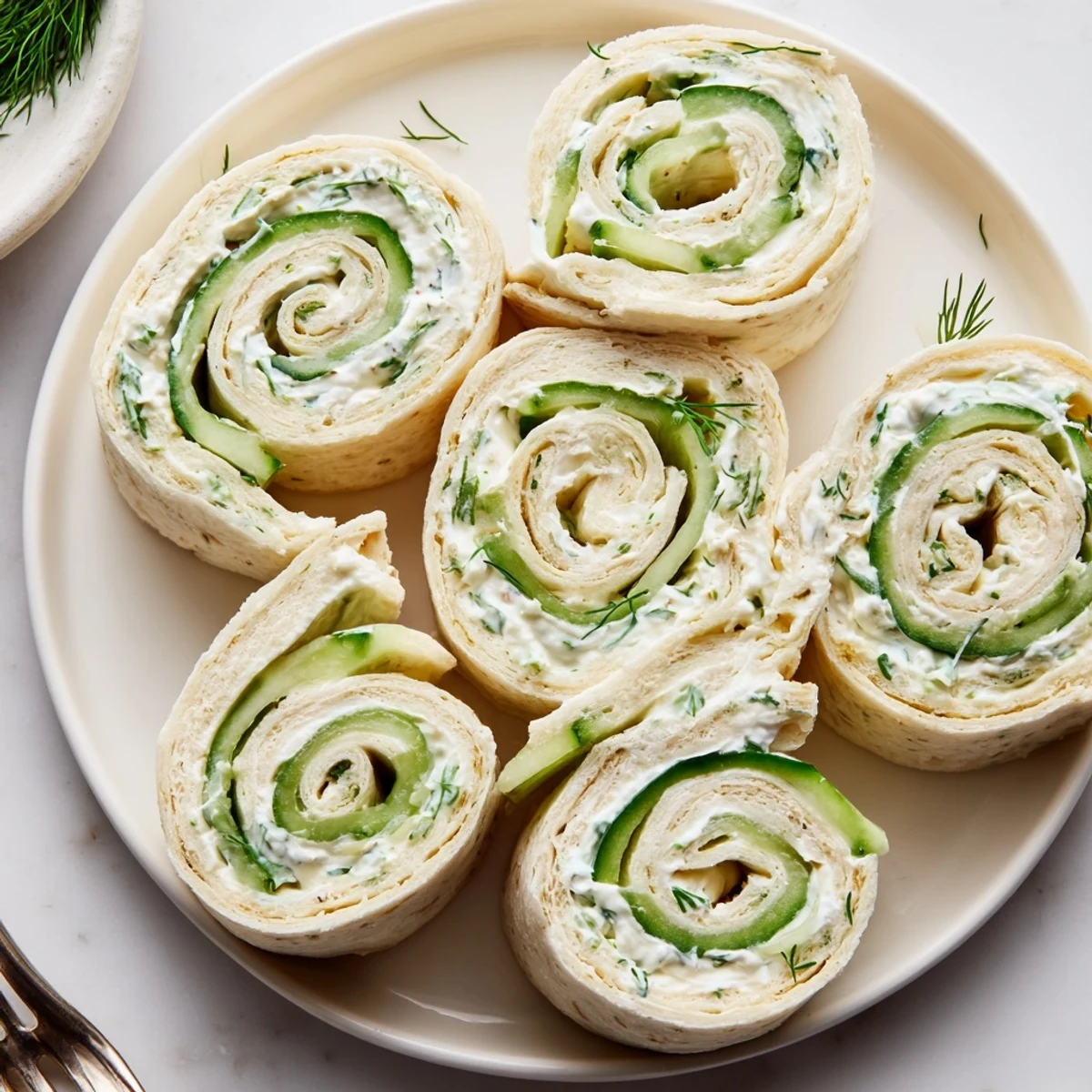 Chilled Cucumber And Dill Pinwheels on platter, creamy herb filling, crisp cucumber.